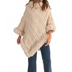 NEW KLESIS faux fur trim sweater poncho in cream